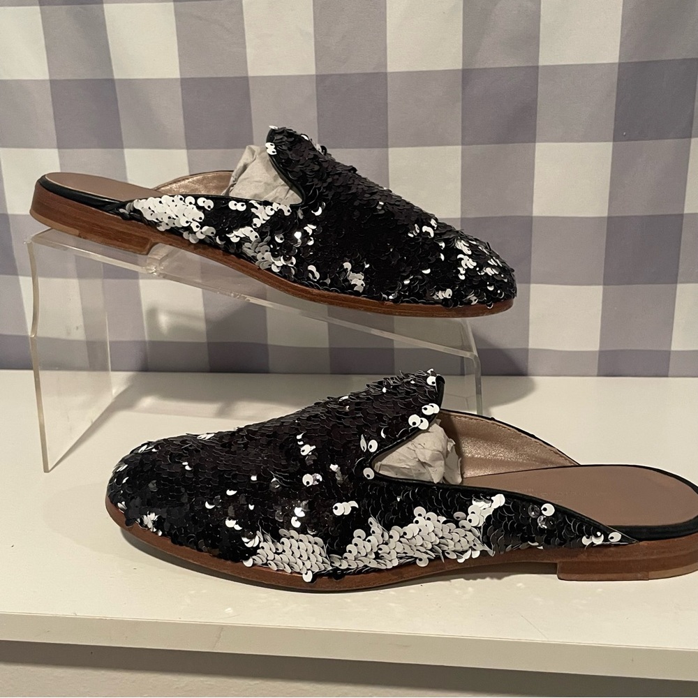 AGL Black and White Sequin Women's Mule Loafers Sz 38.5